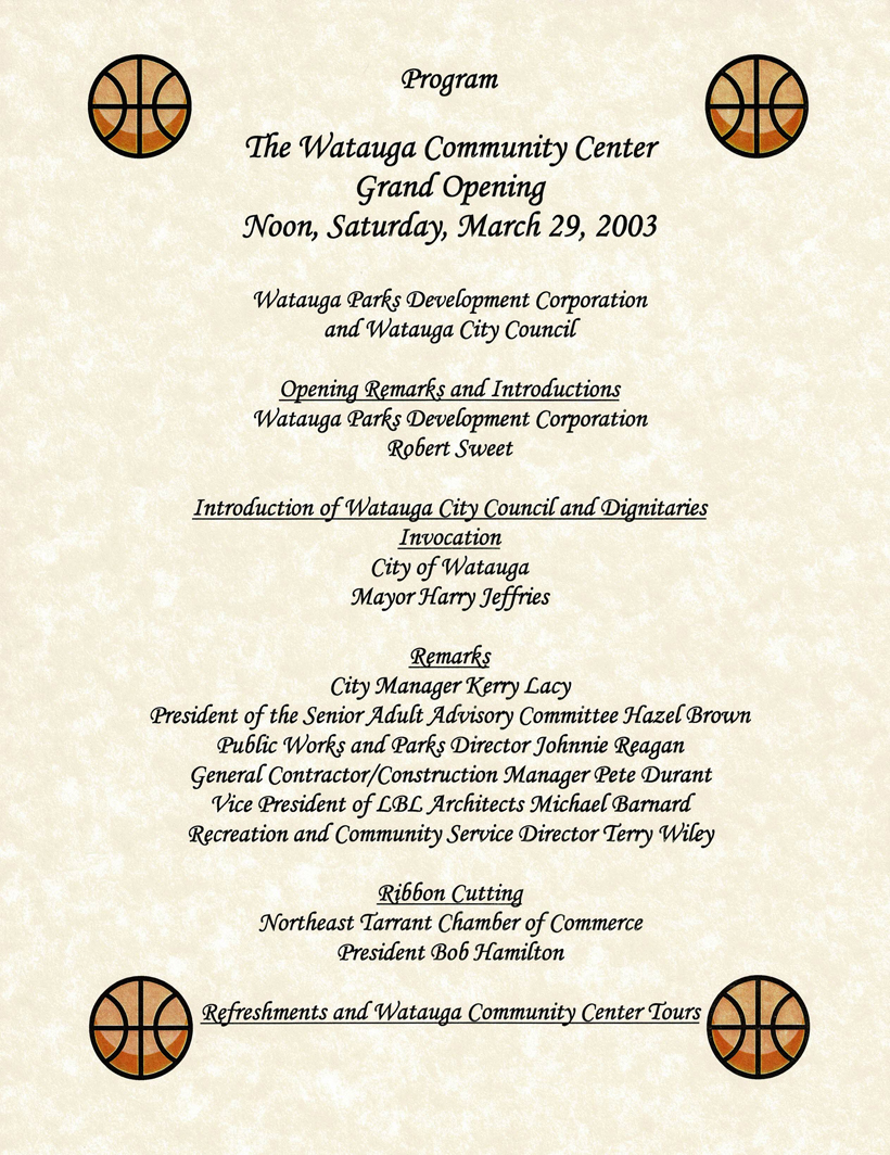 Watauga Community Recreation Center, Grand Opening Flyer, Watuaga, TX 76148